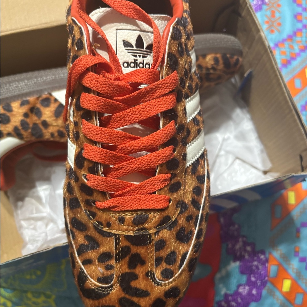 Adidas Leopard Print Sneakers with Orange Laces
